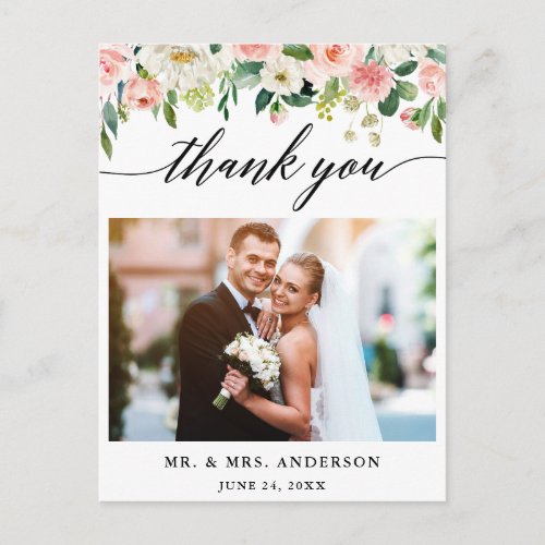 Calligraphy Pink Floral Wedding Photo Thank You Postcard