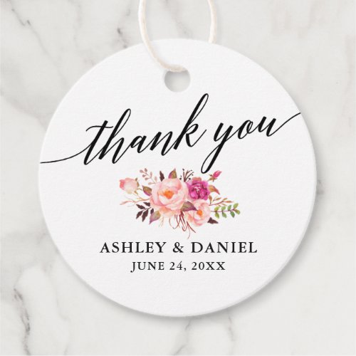 Calligraphy Pink Floral Wedding Thank You Favor Tags