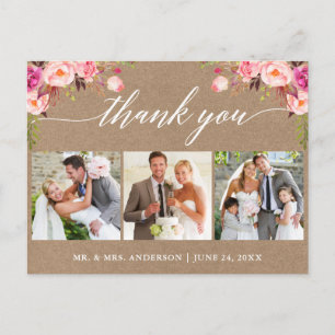Calligraphy Pink Floral Wedding Thank You Kraft Postcard