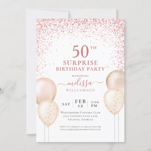 Calligraphy Pink Glitter Surprise 50th Birthday Invitation