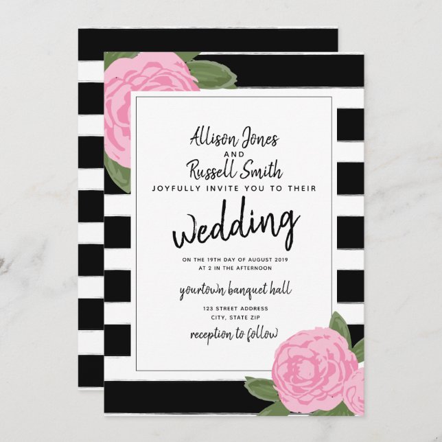 Calligraphy Pink Rose Black + White Stripe Wedding Invitation (Front/Back)