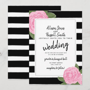 Calligraphy Pink Rose Black + White Stripe Wedding Invitation