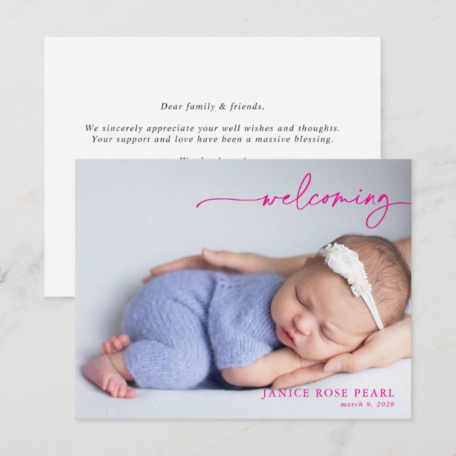 Calligraphy Pink Welcoming Baby Announcement card (Front/Back)