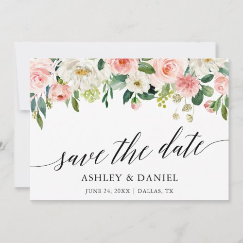 Calligraphy Pink White Floral Save The Date Card