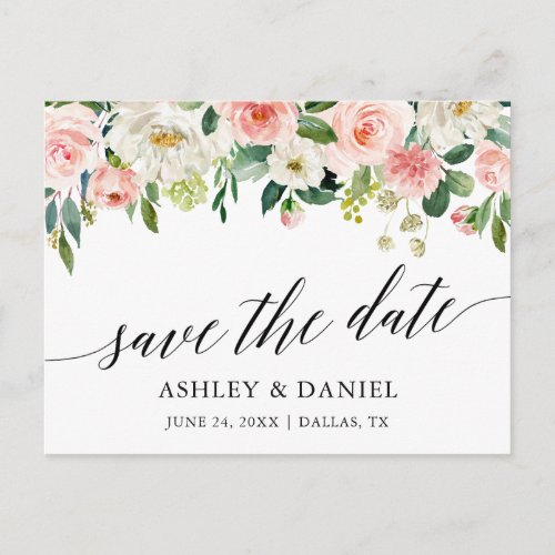 Calligraphy Pink White Floral Save The Date Postcard