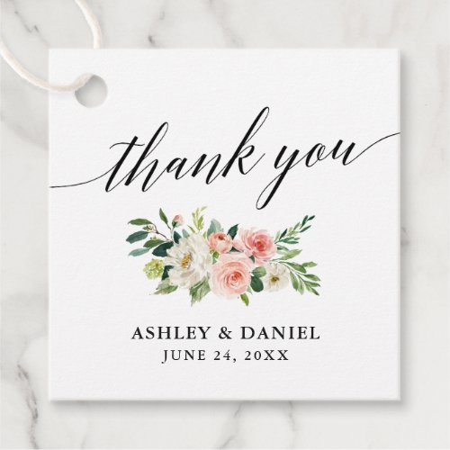 Calligraphy Pink White Floral Thank You Wedding Favor Tags