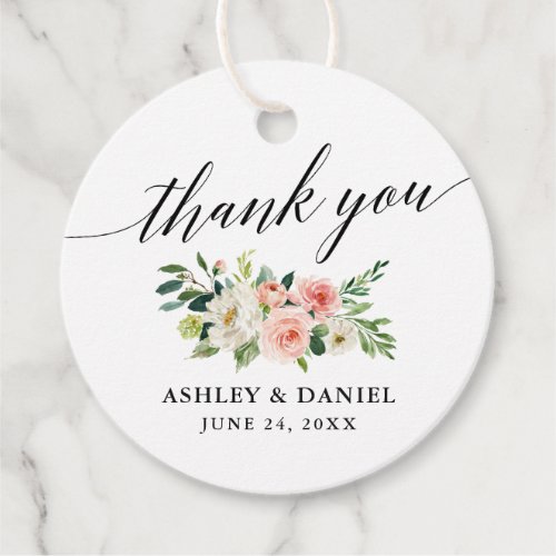 Calligraphy Pink White Floral Thank You Wedding Rd Favor Tags