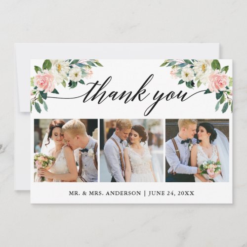 Calligraphy Pink White Floral Wedding 3 Photo Thank You Card