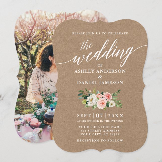 Calligraphy Pink White Floral Wedding Kraft Photo Invitation (Front/Back)