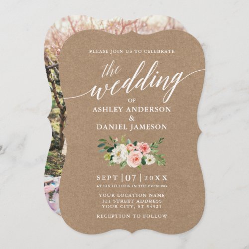 Calligraphy Pink White Floral Wedding Kraft Photo Invitation