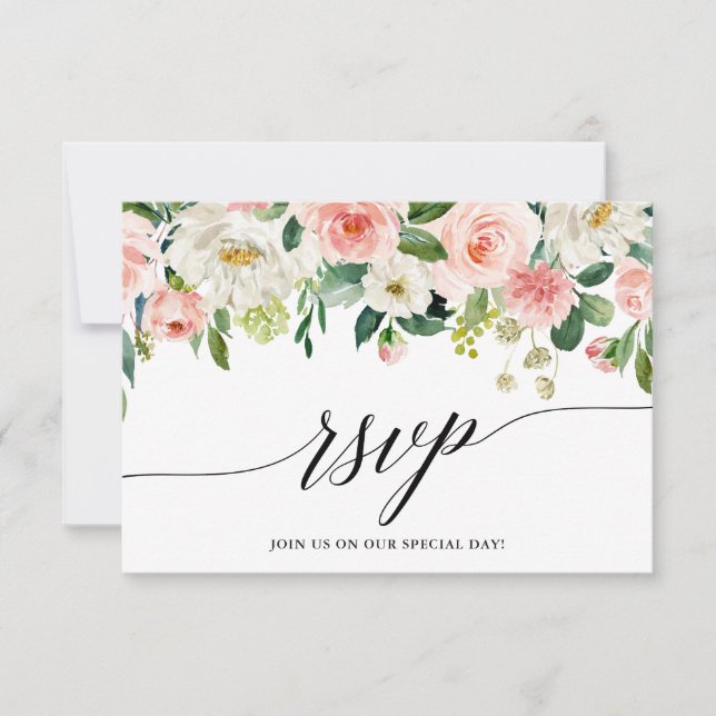 Calligraphy Pink White Floral Wedding RSVP Card (Front)