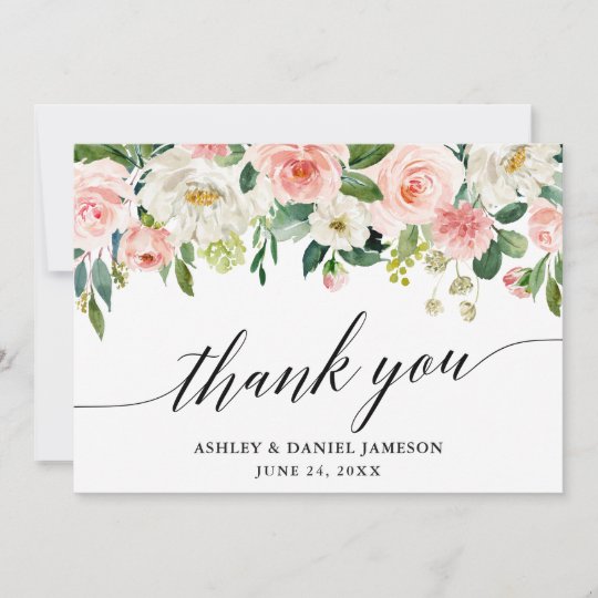 Calligraphy Pink White Floral Wedding Thank You Card | Zazzle.com