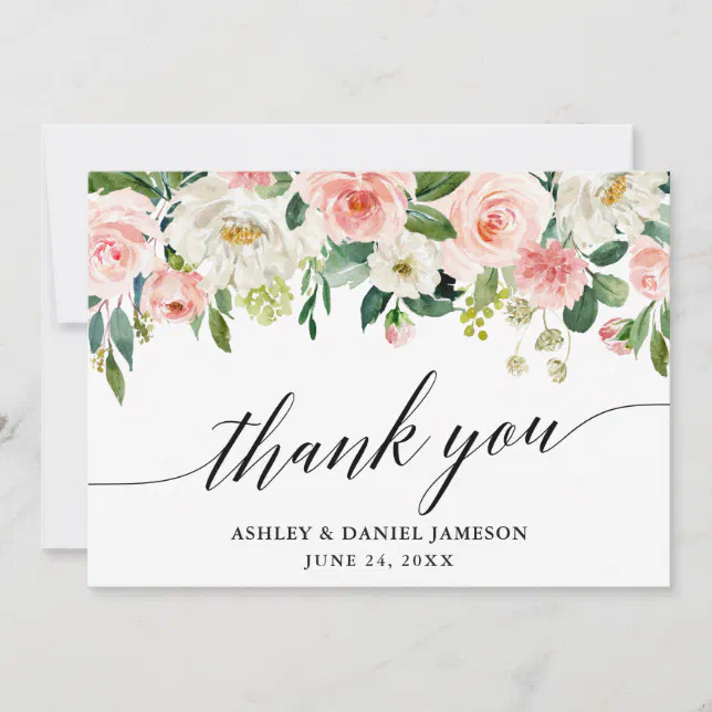 Calligraphy Pink White Floral Wedding Thank You Card | Zazzle