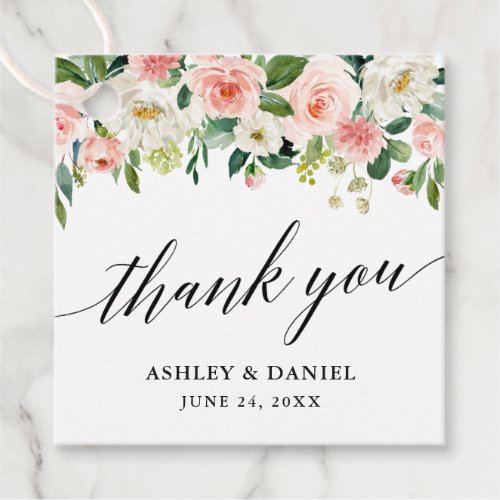 Calligraphy Pink White Floral Wedding Thank You Favor Tags