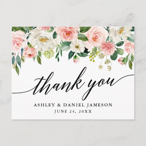 Calligraphy Pink White Floral Wedding Thank You Postcard