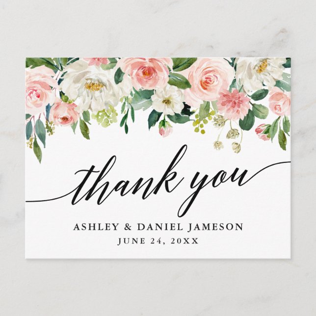 Calligraphy Pink White Floral Wedding Thank You Postcard (Front)