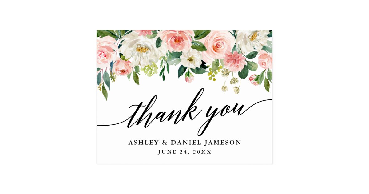Calligraphy Pink White Floral Wedding Thank You Postcard | Zazzle.com