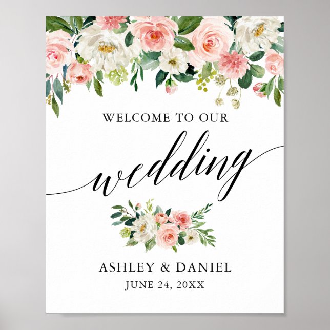 Calligraphy Pink White Floral Wedding Welcome Poster (Front)