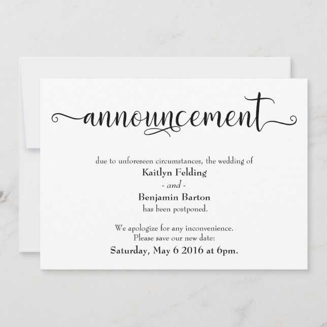 Calligraphy Postponed Wedding Announcement (Front)
