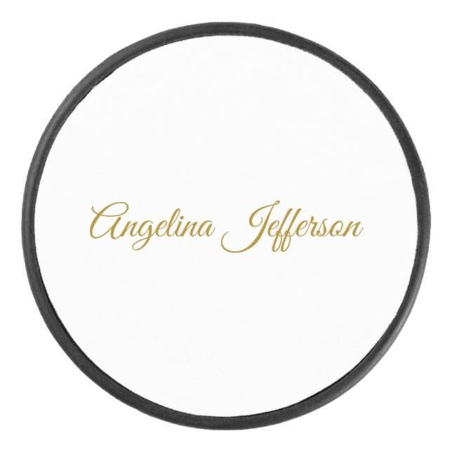 Calligraphy Professional Elegant Gold Color Hockey Puck (Front)
