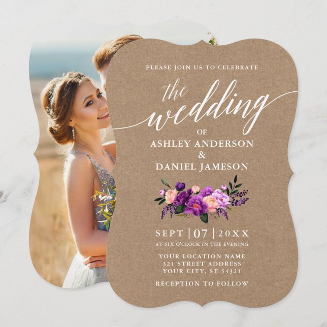 Calligraphy Purple Floral Wedding Kraft Photo Invitation (Front/Back)