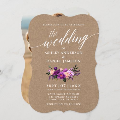 Calligraphy Purple Floral Wedding Kraft Photo Invitation