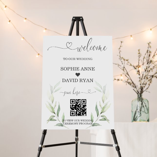 Calligraphy QR Code Greenery Wedding Welcome Sign (In Situ (Stand))