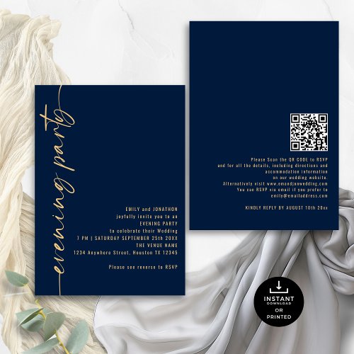 Calligraphy QR Navy Gold Wedding Evening Party Invitation