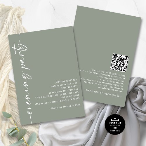 Calligraphy QR Sage Wedding Evening Party Guests Invitation