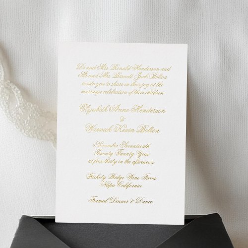 Calligraphy Real Gold  White Classic Wedding Foil Invitation