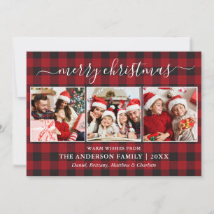 Calligraphy Red Buffalo Plaid 3 Photo Christmas Holiday Card