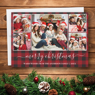 Calligraphy Red Buffalo Plaid 5 Photo Christmas Holiday Card