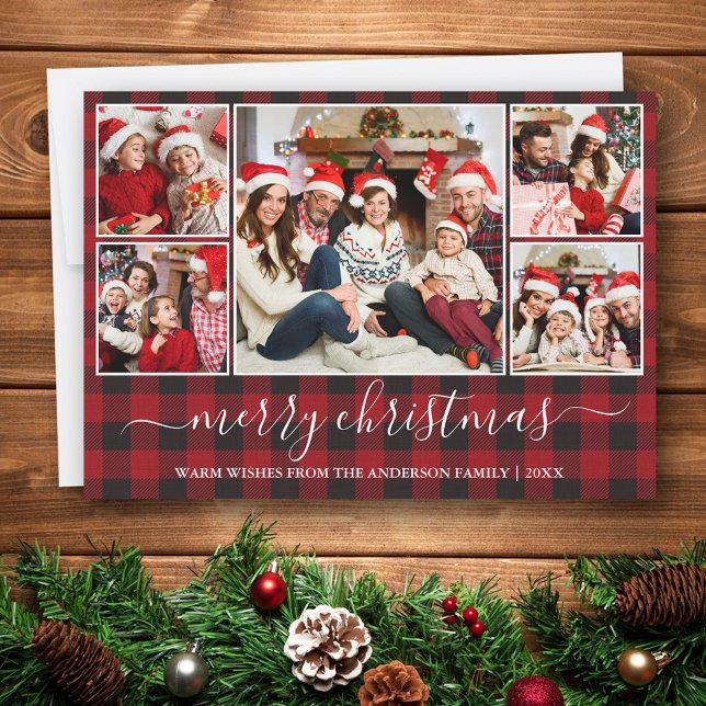 Calligraphy Red Buffalo Plaid 5 Photo Christmas Holiday Card (Customize to change text size or text style.)
