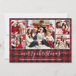Calligraphy Red Buffalo Plaid 5 Photo Christmas Holiday Card