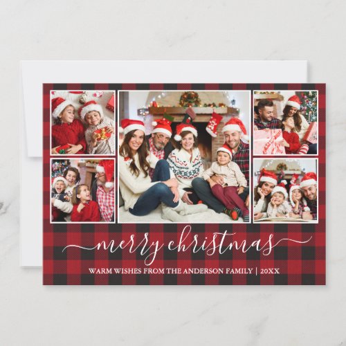 Calligraphy Red Buffalo Plaid 5 Photo Christmas Holiday Card