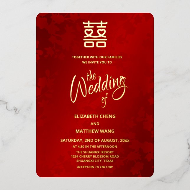 Calligraphy  Red Gold Chinese Wedding Foil Invitation (Front)