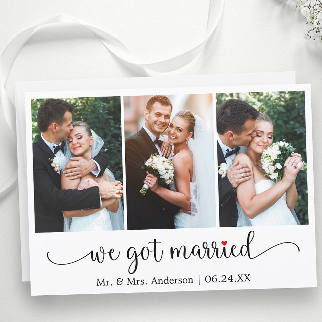Calligraphy Red Heart 3 Photo We Got Married Announcement (Customize to change your personalized text size, text style or to add text to back of card.)