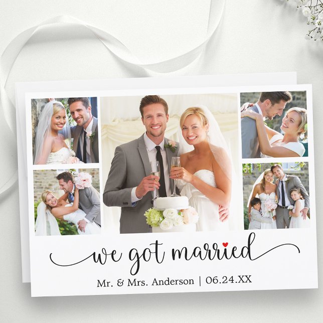 Calligraphy Red Heart 5 Photo We Got Married Announcement (Customize to change your personalized text size, text style or to add text to back of card.)