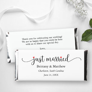 Calligraphy Red Heart Just Married Wedding Hershey Bar Favors