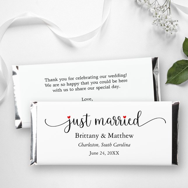 Calligraphy Red Heart Just Married Wedding Hershey Bar Favors (Customize to change your personalized text size or text style.)