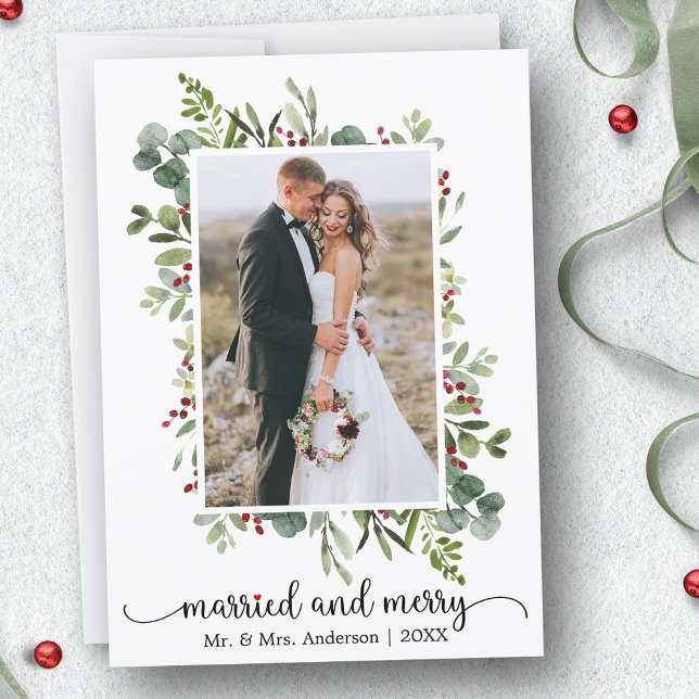 Calligraphy Red Heart Married and Merry Photo Holiday Card (Customize to change your personalized text size or text style.)
