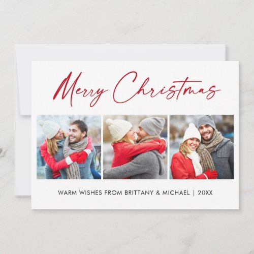 Calligraphy Red Ink 3 Photo Couple Christmas Holiday Card