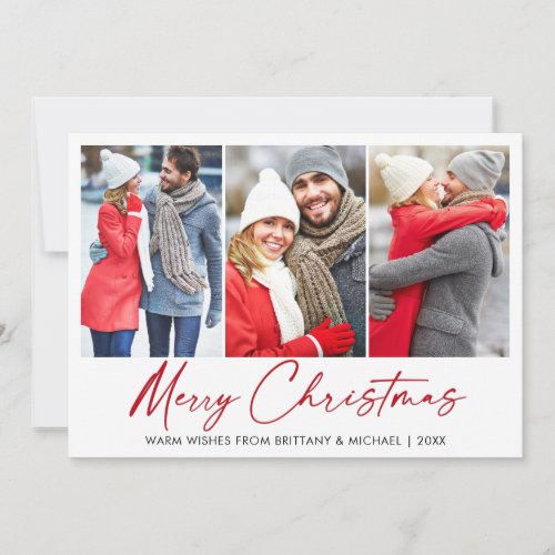 Calligraphy Red Ink Pen Christmas 3 Photo Couple Holiday Card