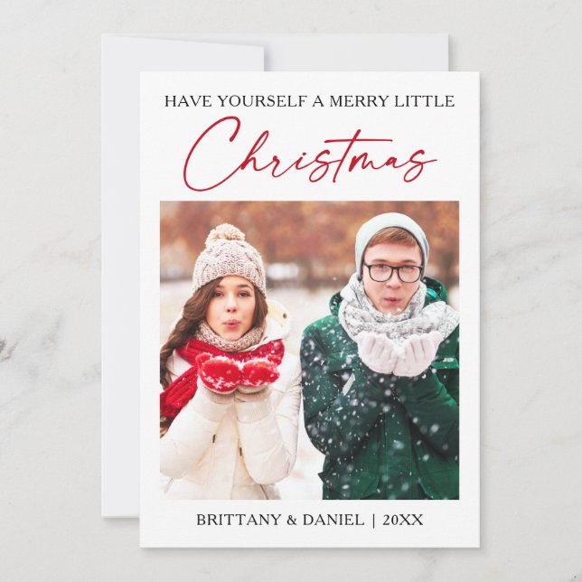 Calligraphy Red Ink Pen Minimalist Christmas Photo Holiday Card (Front)