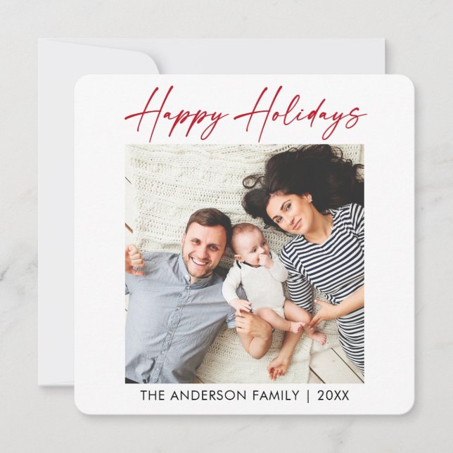 Calligraphy Red Ink Photo Minimalist Holiday Card (Front)