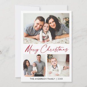 Calligraphy Red Ink Script Christmas 3 Photo Holiday Card