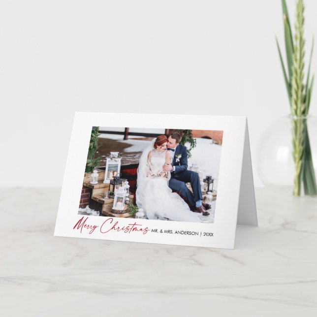 Calligraphy Red Ink Script Wedding Fold Photo Holiday Card (Front)