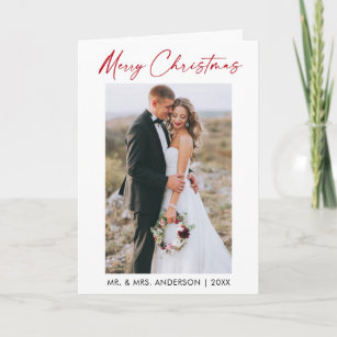Calligraphy Red Ink Script Wedding Photo Folded Holiday Card