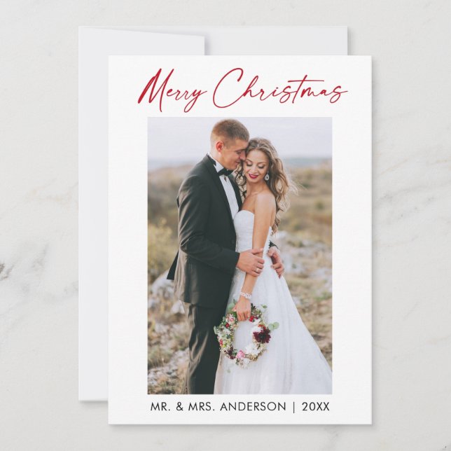 Calligraphy Red Ink Script Wedding Photo Holiday Card (Front)