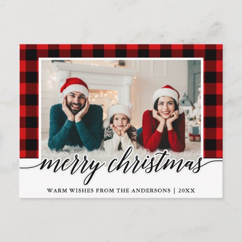 Calligraphy Red Plaid Family Photo Christmas Postcard